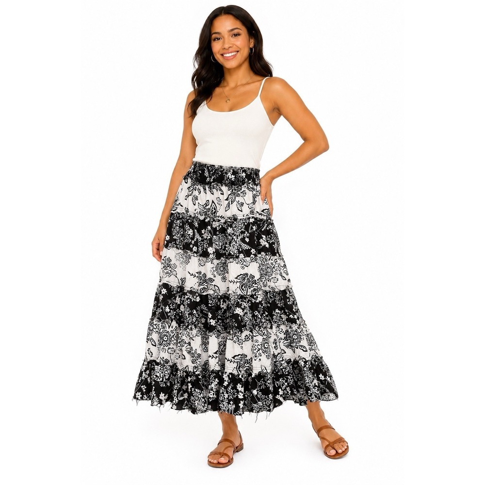 Neiman Marcus Exclusive XL Black White Tiered Boho Maxi Skirt 100% Cotton
